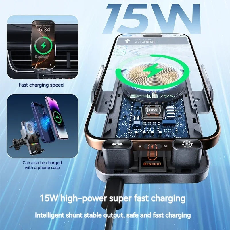 Auto-Clamping Car Wireless Charger Phone Holder Stand Touching 360 Rotation RGB Fast Charging Bracket For iPhone 17-12 Samsung