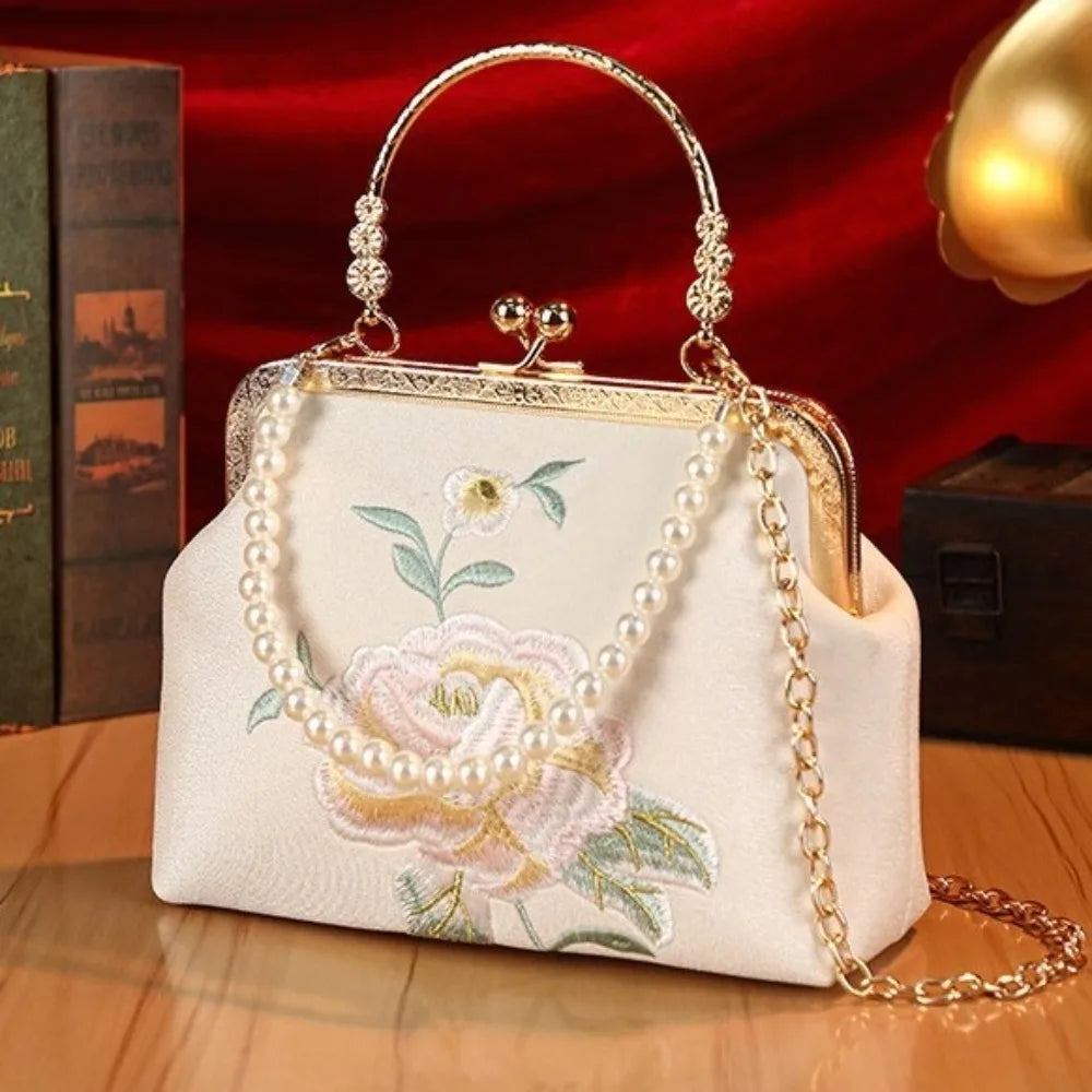 Popular Chinese Style Banquet Bag Embroidery High Capacity Shoulder Bag Pearl Handle Trendy Crossbody Bag Women