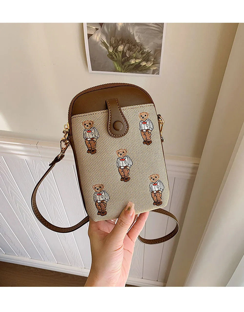 Canvas Embroidered Bear Mobile Phone Bag for Women Large Capacity Crossbody Bag with Compartments