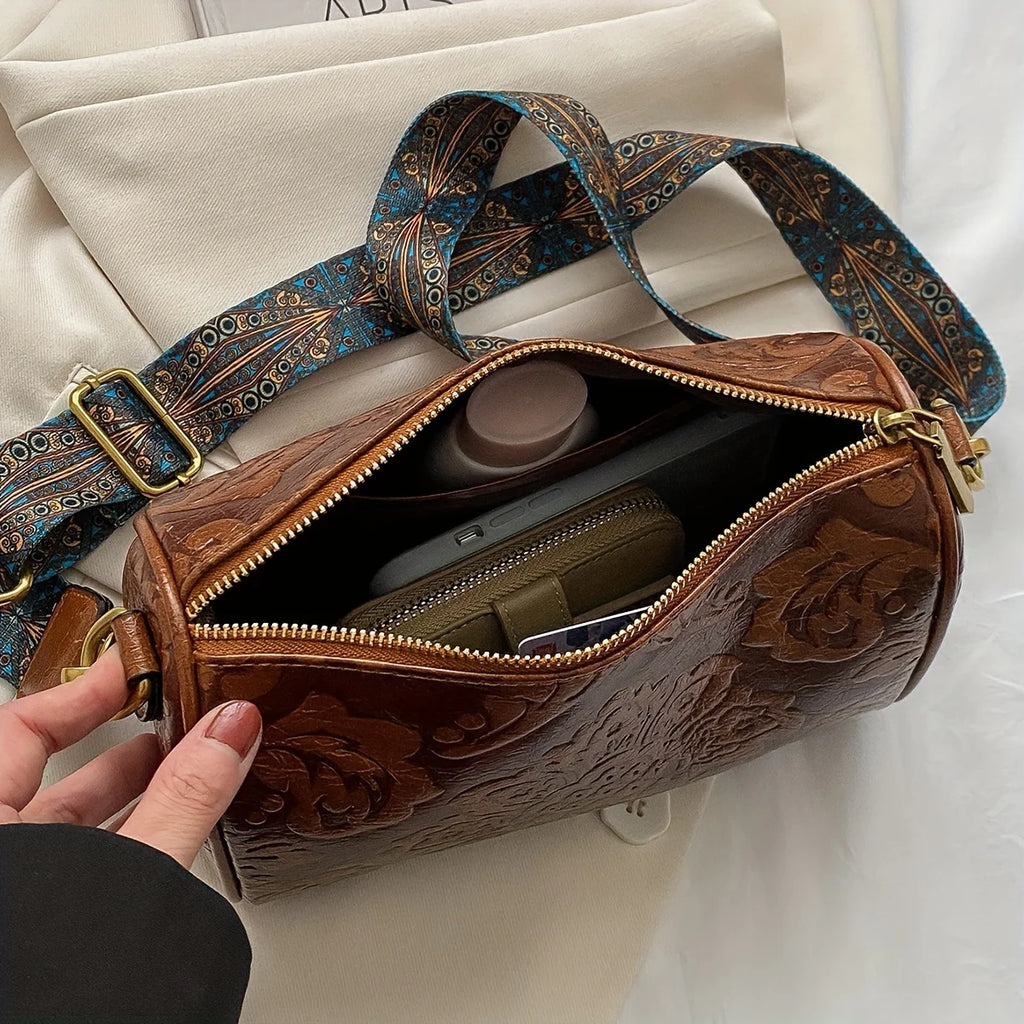 Retro Flower Embossed Cylinder Bag, Classic Textured Zipper Crossbody Purse, With Wide Geometric Pattern Strap Barrel Bag