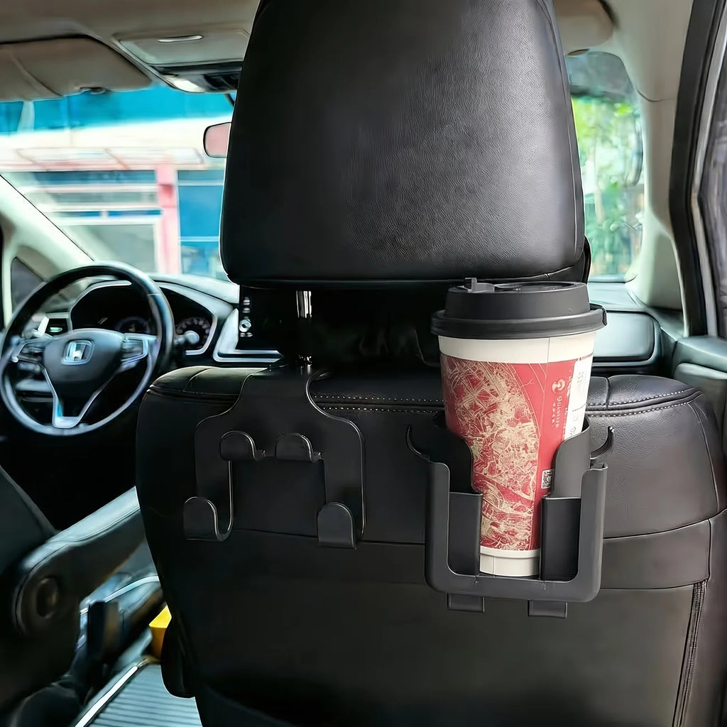 A 2-piece multi-functional car seat back storage bag, including a cup holder, a phone stand and a hook.