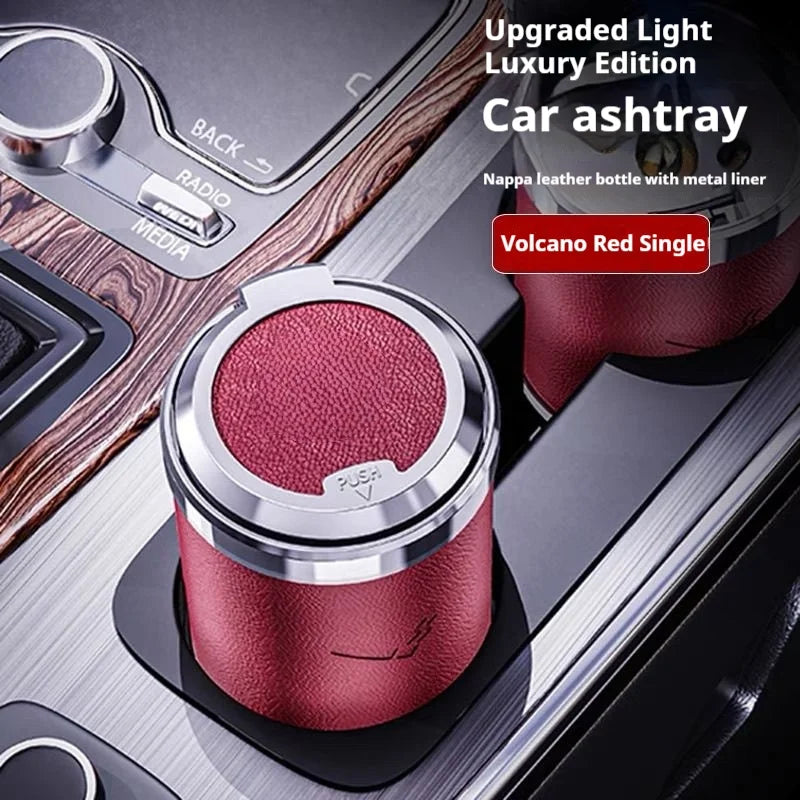 Car LED Ashtray, Light Luxury Leather Appearance, Alloy Liner, Car Ashtray Push Switch, Smart Car Ashtray