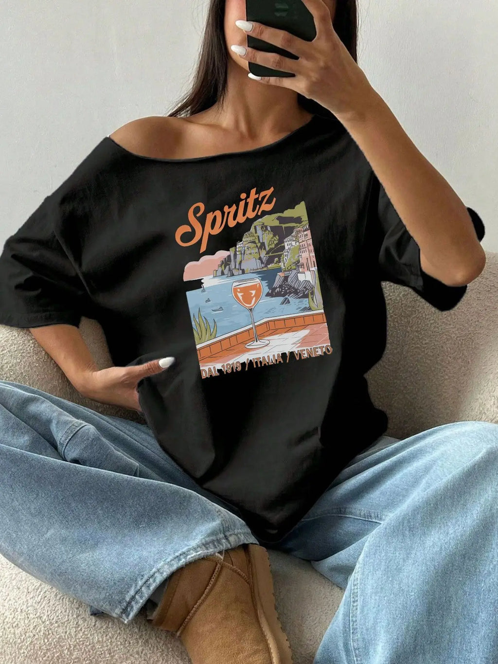 100% Cotton Plus Size Italian Spritz Travel Scenery Print Shoulder Loose Print T-Shirt Oversized Y2K Style Graphic Tees Women