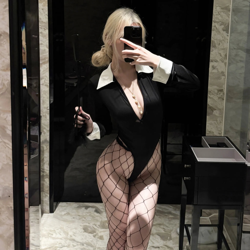 Abstinence Series Sexy Secretary Lingerie Deep V Temptation Jumpsuit No Need To Take Off Slim Fitting Role-playing Uniform Set