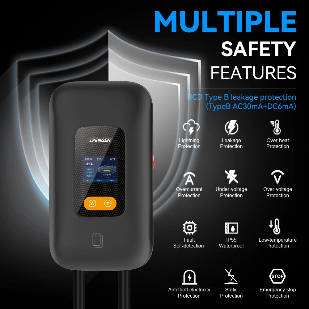 IPENGEN Type2 1 / 3Phase EV Wallbox 7.6KW / 22KW With WIFI APP Control EV Wallbox 11KW EV Wallbox Charging Station Electric Car