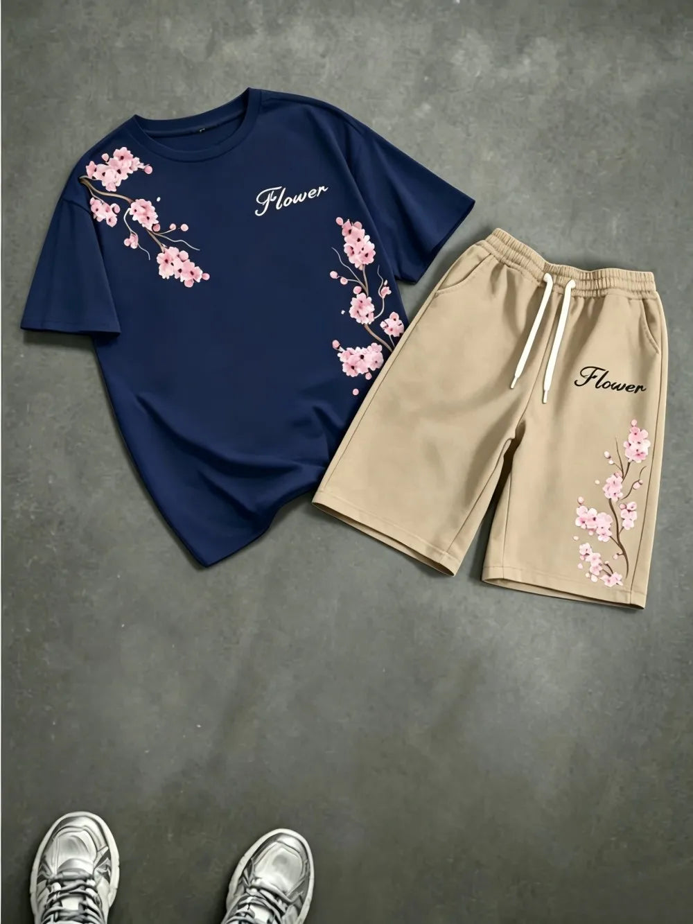 American men's summer cherry blossom print comfortable breathable round neck T-shirt drawstring shorts set outdoor casual wear