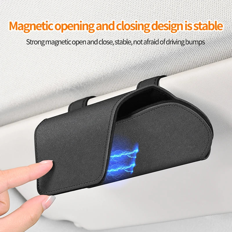 Luxurious Leather Car Magnetic Glasses Case Sun Visor Sunglasses Bag One-Hand Glasses Holder for Most Car Interior Accessories