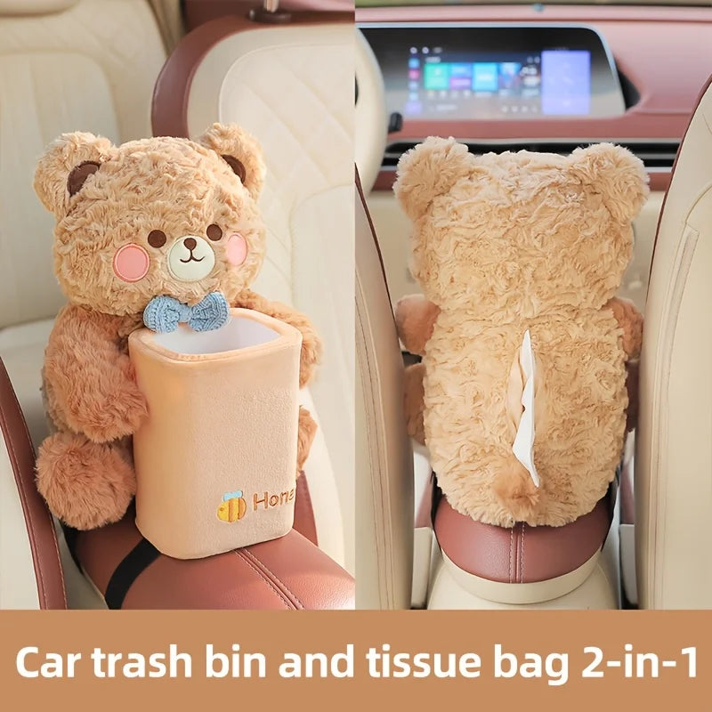 2-in-1 Cute Plush Car Tissue Holder Trash Bin Multifunctional Creative Storage Rack Armrest Storage Cute Car Accessories