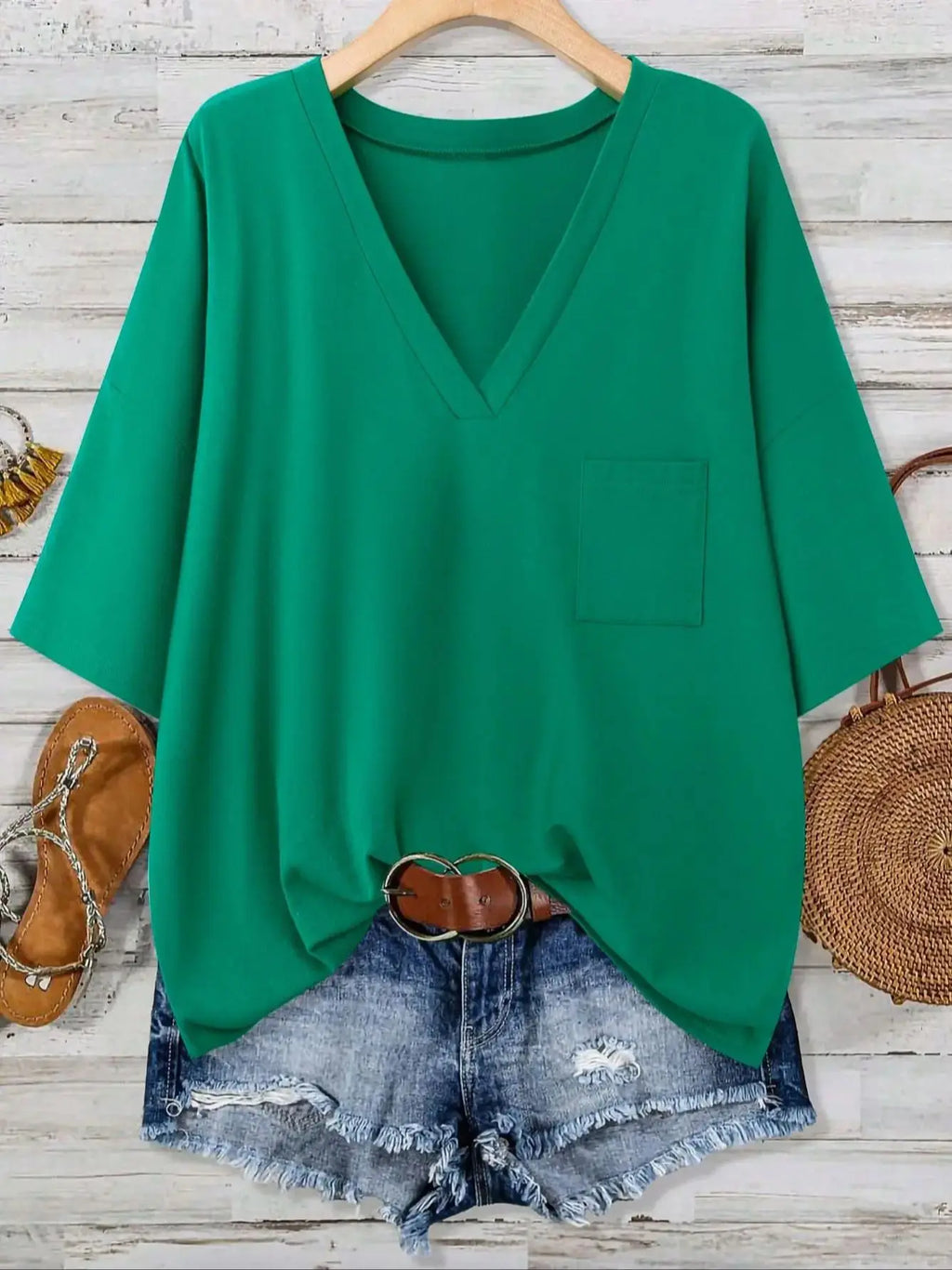 Plus Size Women's V Neck T-Shirt Half Sleeve Pocket Front Twist Hem Casual Loose Fit Top