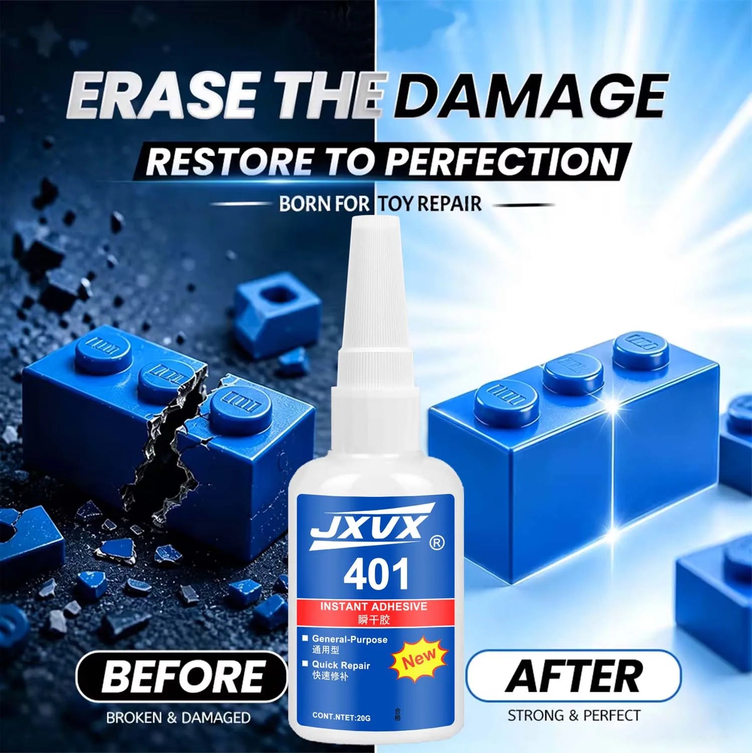 JXVX 401 Super Glue 20g Instant Adhesive Quick Dry Universal Specific Glue for Plastic Rubber Metal Paper DIY Craft Repair,6pcs.
