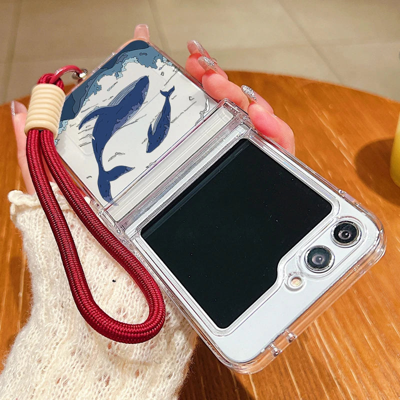 Shark Turtle Print Lanyard Phone Case For Samsung Galaxy Z Flip 8 7 FE 6 5 4 3 5G Folding Hard Clear Cover For Samsung Z Flip7 6