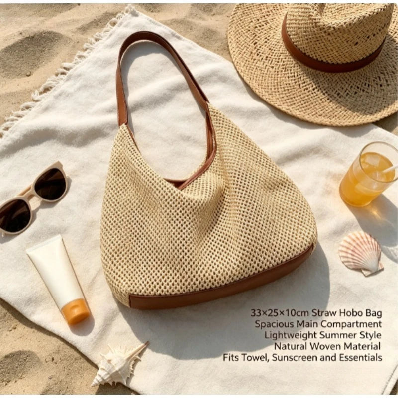 Niche Vacation Style Hand Woven Bag for Women, Summer Seaside Straw Beach Tote Bag, Versatile Commute Single Shoulder Handbag