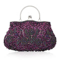 Evening Clutch Bag Handmade Beaded Floral Party Purse with Kiss Lock & Strap Glass Beads Polyester Blue Purple Grey