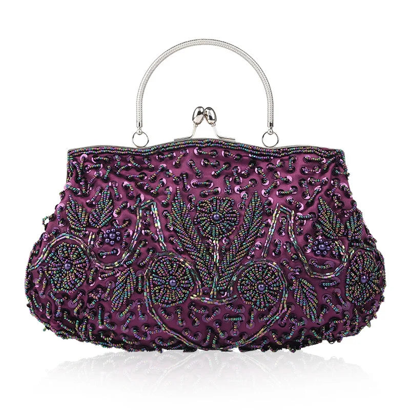 Evening Clutch Bag Handmade Beaded Floral Party Purse with Kiss Lock & Strap Glass Beads Polyester Blue Purple Grey