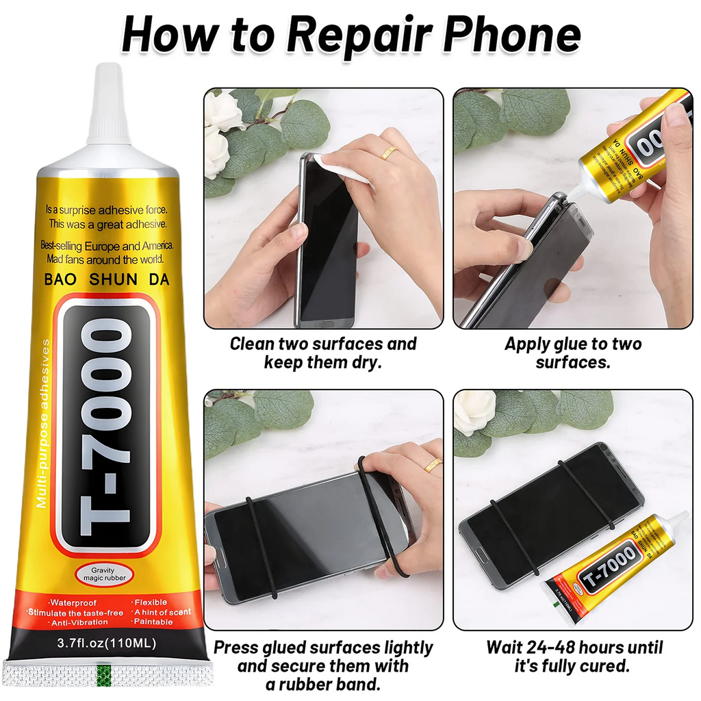 T7000 Black Soft Adhesive T-7000 Computer Touch Screen and mobile phones Touch Screen Repair Frame Anti-Vibrant Universal Glue Tablet Repair Sticker 15/25/50/110 ml, includes precision syringe.