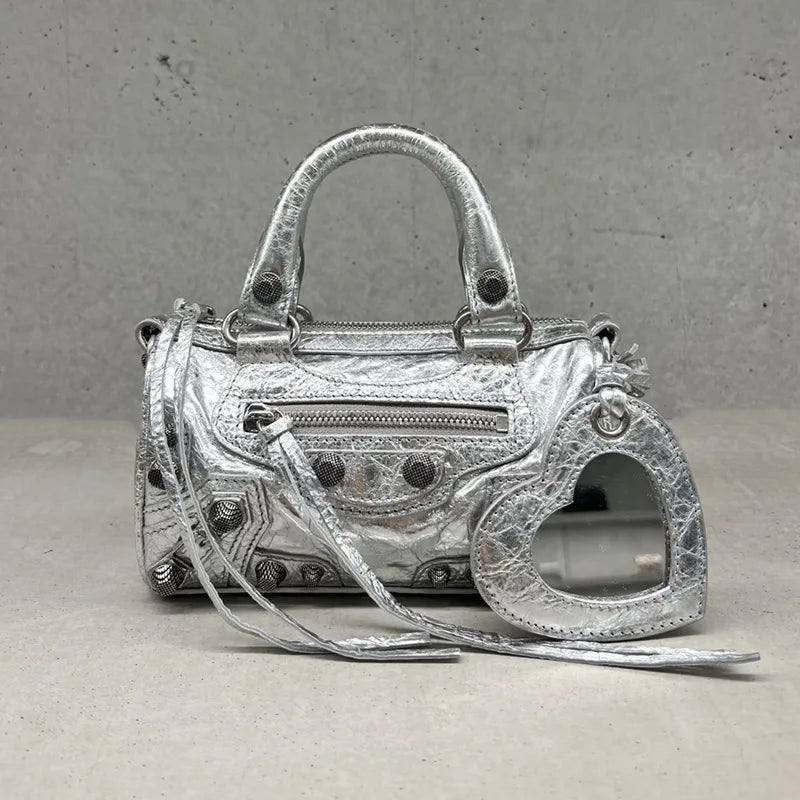 2026 New Mini Cylinder Motorcycle Bag Women's Rivet Tassel Three-in-One Pleated Cowhide Single Shoulder Slant Cross Handbag