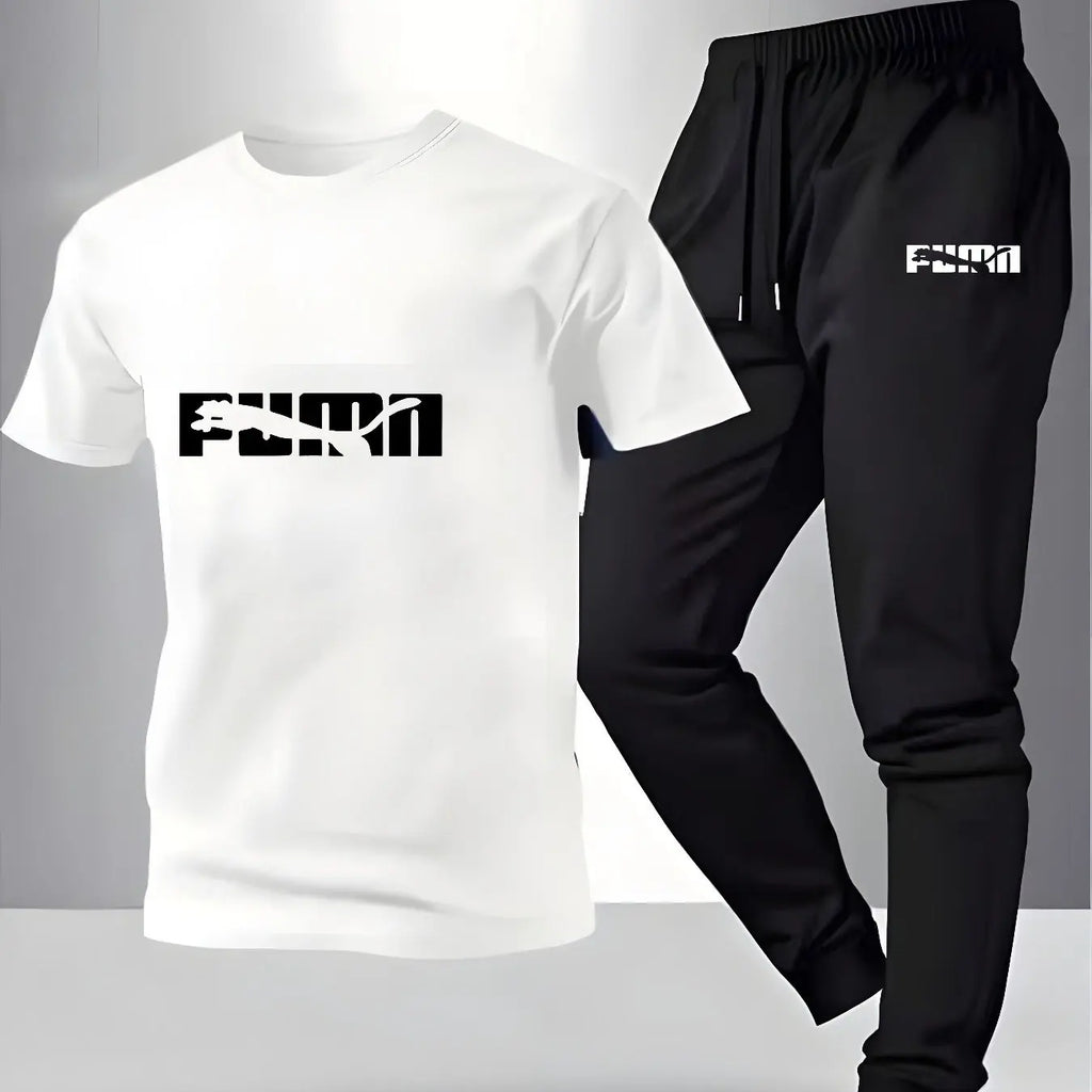 Breathable Cotton Men's Fashion Sportswear Set Pattern Printed T-Shirt & Comfortable Sports Pants for Casual Fitness Home