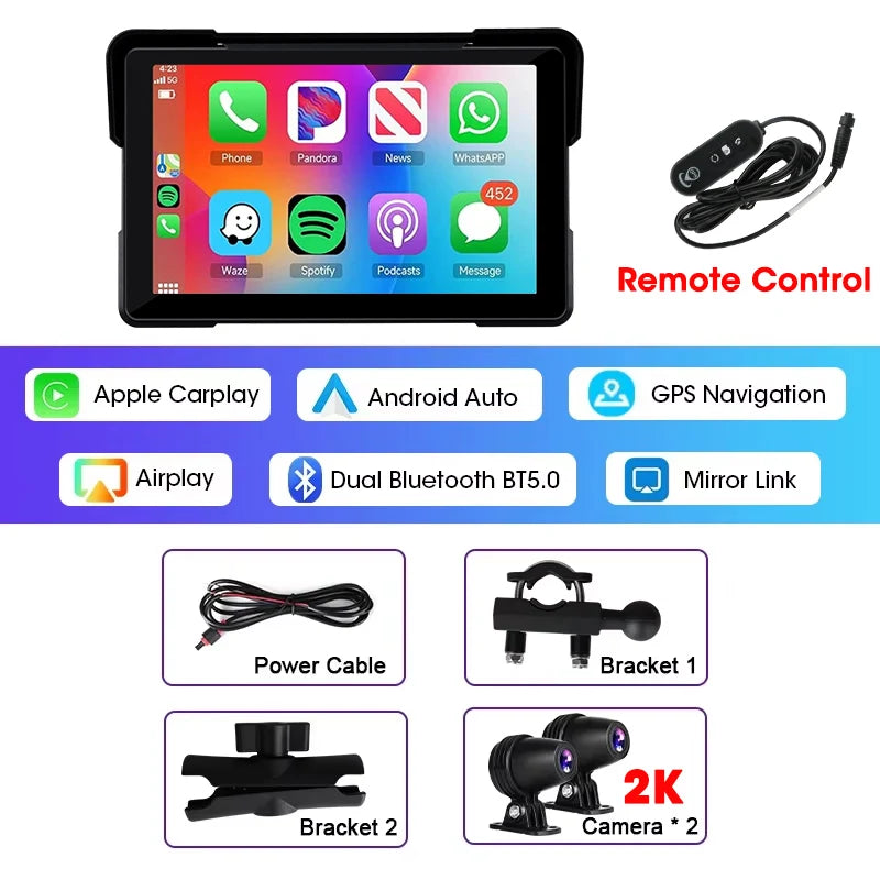 Jansite 5/7 inch Carplay Motorcycle DVR Navigation GPS Wireless CarPlay Android Auto IPX7 Display Screen Portable Moto Monitor