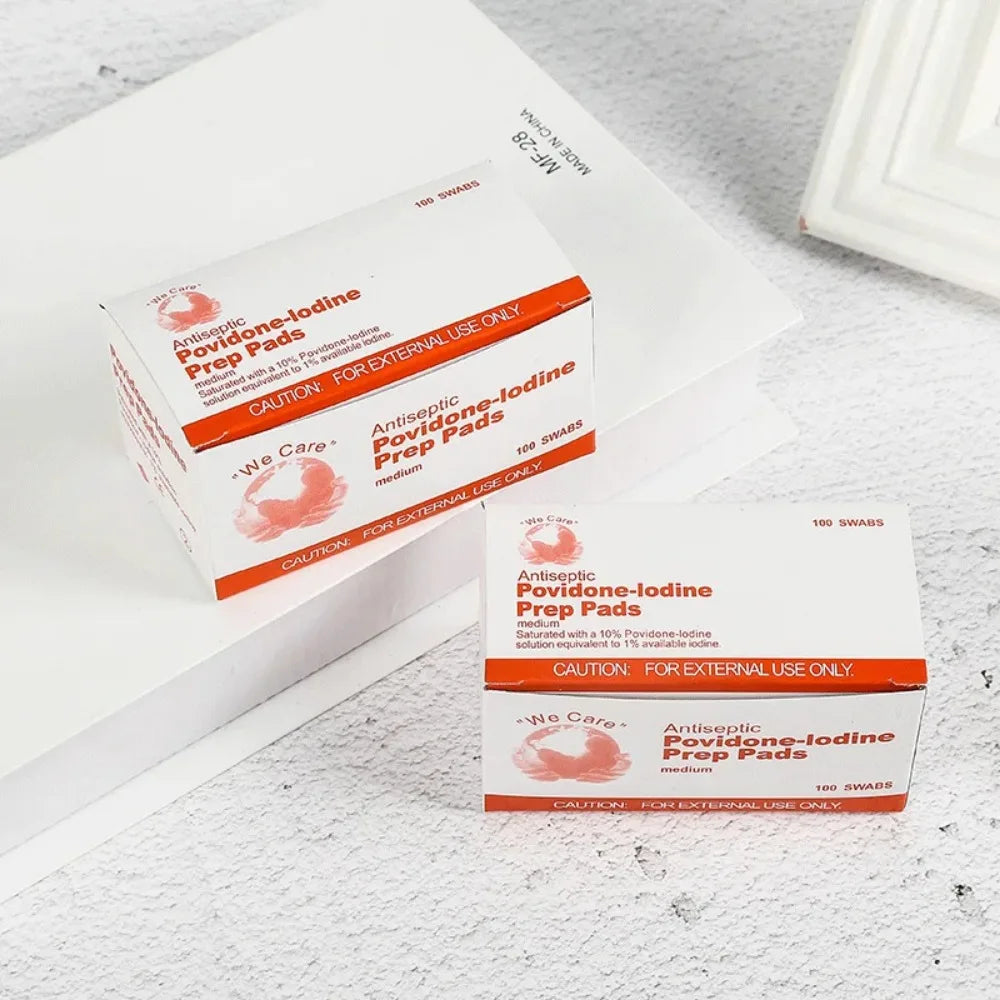 100Pcs Povidone Iodine Antiseptic Swabs Disposable Pre-Sterilized Cotton Pads for Wound Care First Aid Surgical Emergency Kits