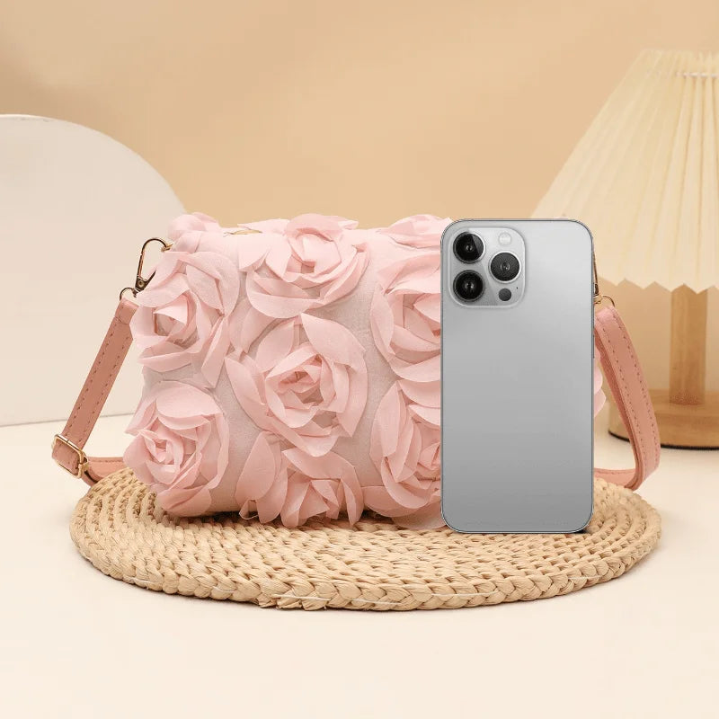 3D Rose Floral Crossbody Bag Faux Leather Zipper Closure Adjustable Strap Cylinder Shape Wedding Party Evening Purse