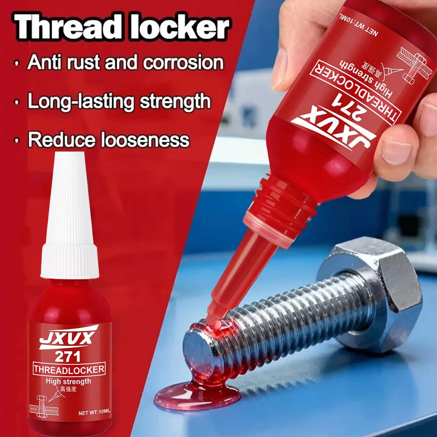 JXVX 271 Threadlocker High Strength Red Thread Locking Agent Sealant 50ml Anaerobic Glues Anti Loose Screw Glues Fastening Quickly Cured Threadlocker Adhesive for Screw 1-10pcs.