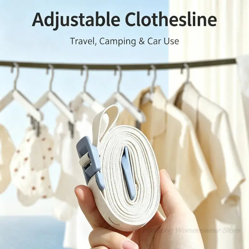 Portable Adjustable Travel Clothesline Nylon Laundry Drying Rope Windproof No Drill with 34 Hanging Holes for Outdoor Indoor