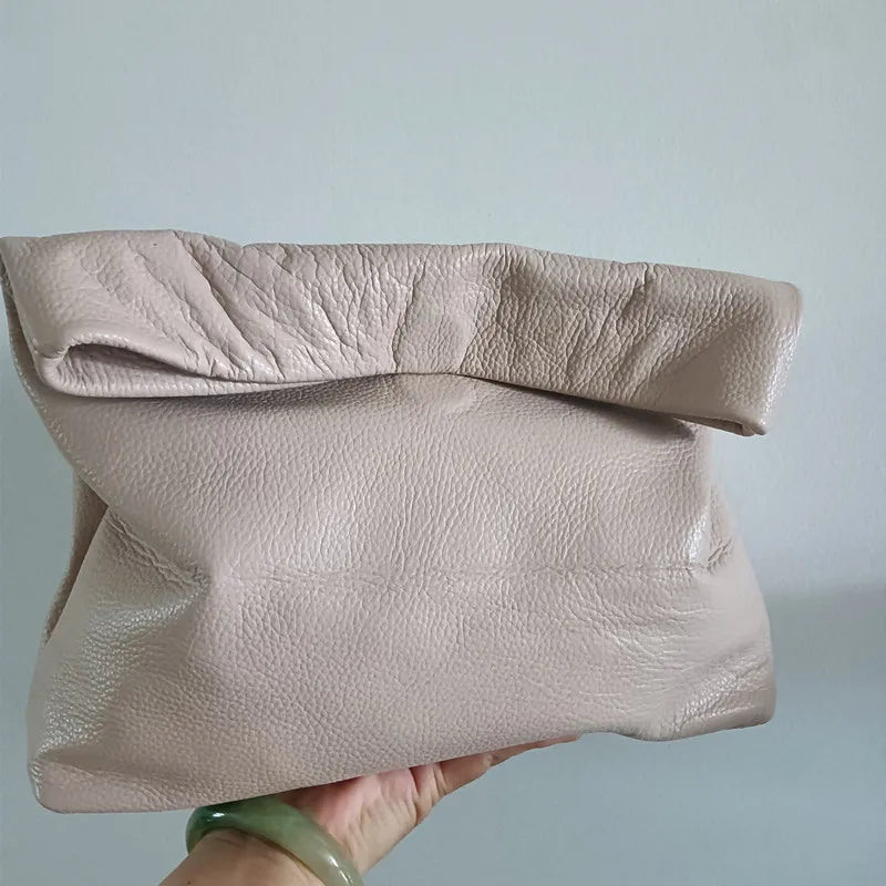 Personality Roll-Edge Leather Bag Lazy Casual Leather Soft Bag Phone Women High Quality Holding Red Large Bag Luxury Designer