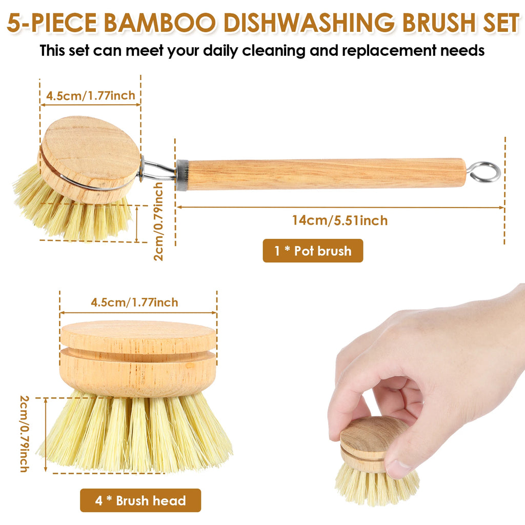 3/5Pcs Wooden Dish Brush Replaceable Long Handle Kitchen Cleaning Brush Set Natural Sisal Scrubbing Brush for Cleaning Pots Pan