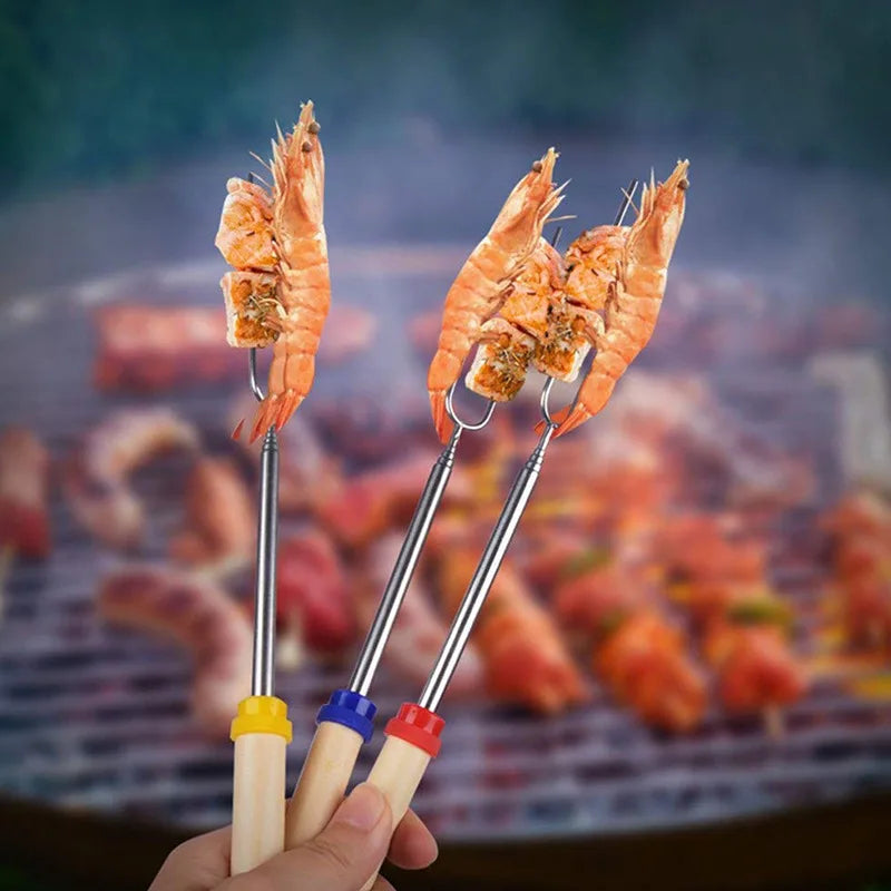 D2 8Pcs Barbecue Skewers Camping Supplies Extendable Roasting Sticks Grill Stainless Steel BBQ Grill Telescoping Smores Skewers