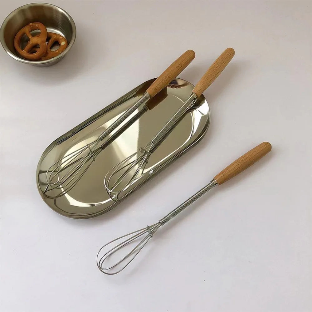 Multifunction Stainless Steel Egg Beater Wooden Handle Useful Mini Egg Whisk Portable Manual Egg Beater Baking