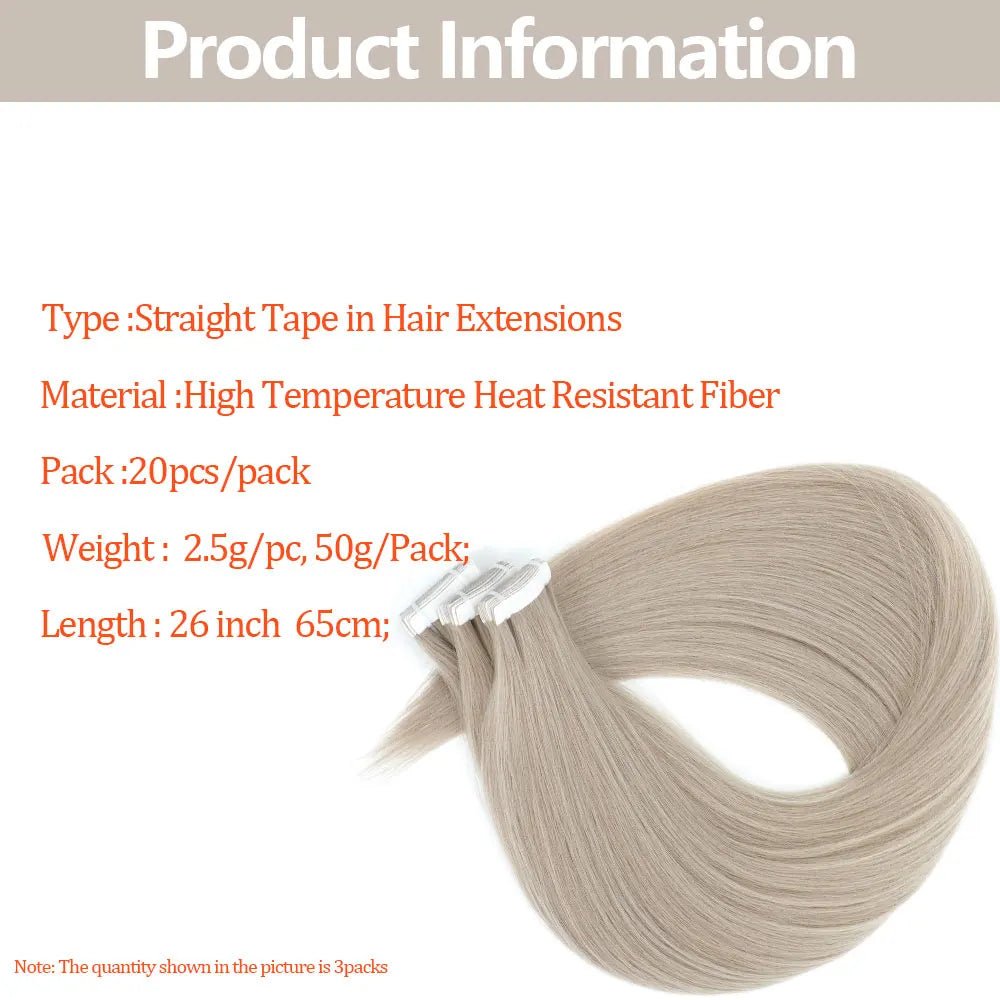 26" Straight Tape In Hair Extensions 20pcs 50 Grams Heat Resistant Fiber Colored Tape In Hair Double Sided Adhesives Hair
