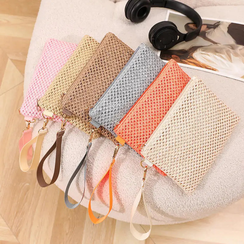 Women Clutch Bag Handmade Backpack Fashion Ladies Wristlet Girl Phone Colorful Straw Woven Coin Purse Beach Wallet Fresh Sweet