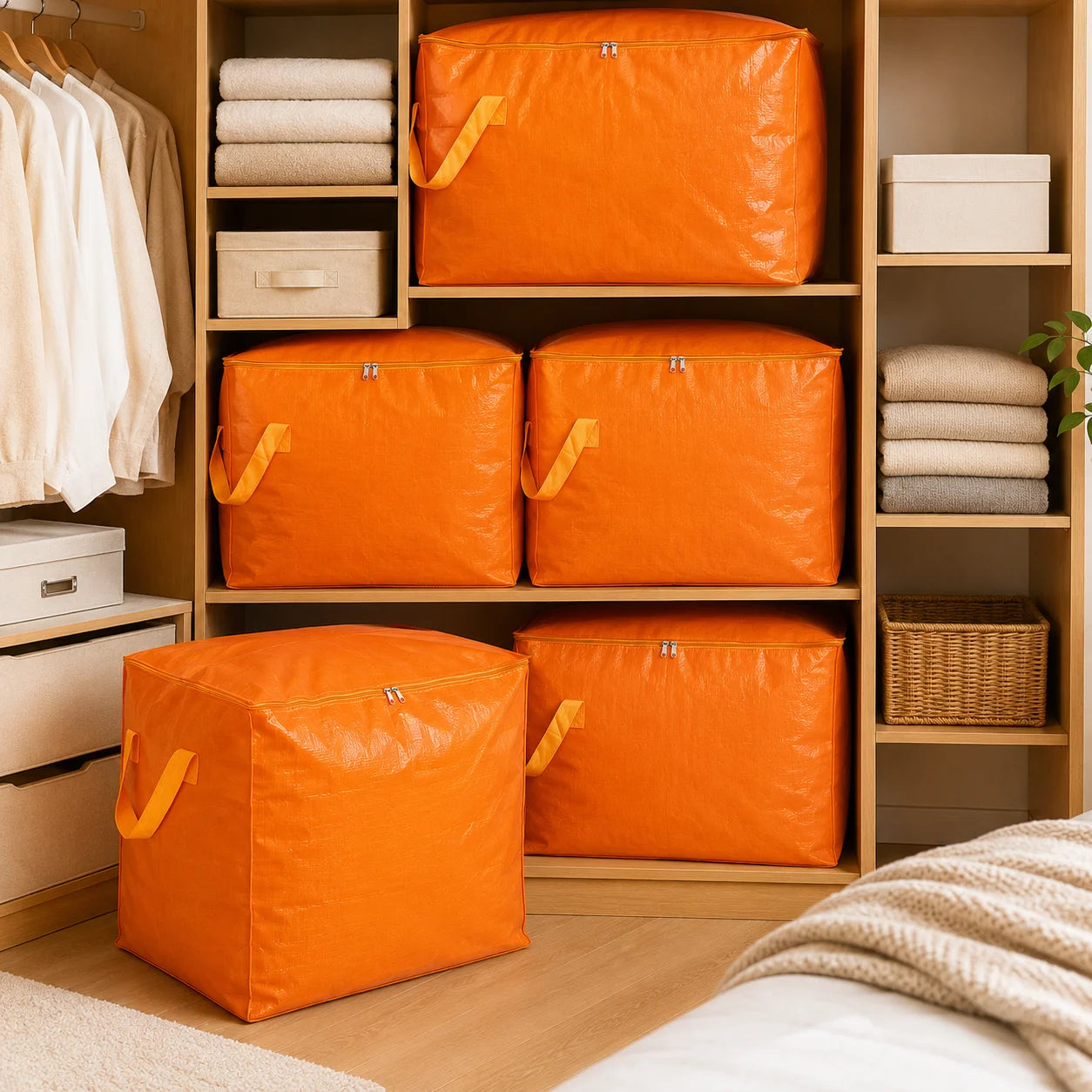 75-240L Large Capacity Moving Bag Woven Storage Bag with Handles Zipper for Clothes Bedding Travel Home Closet Organizer