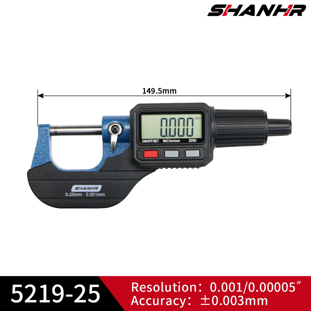 SHANHR 0-25mm Digital Micrometer Metric Inch Conversion ABS Function Large LCD Display Precision Micrometer Measuring Tool