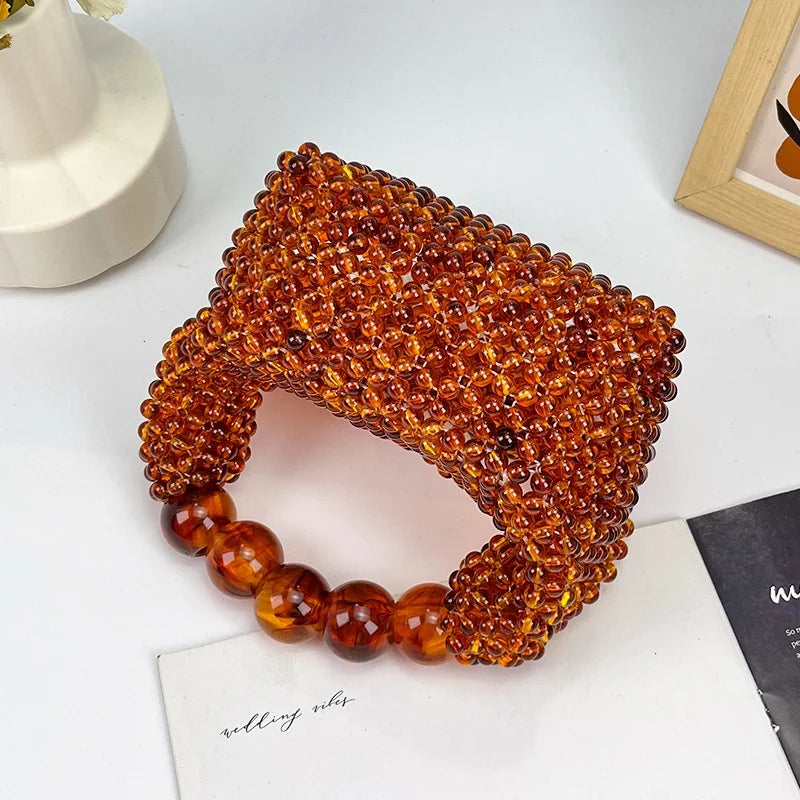 Handmade Beaded Large Capacity Dumpling Shape Women's Fashion Handbag Party Bag Wind Amber Color Handheld Bag Carryall Tote