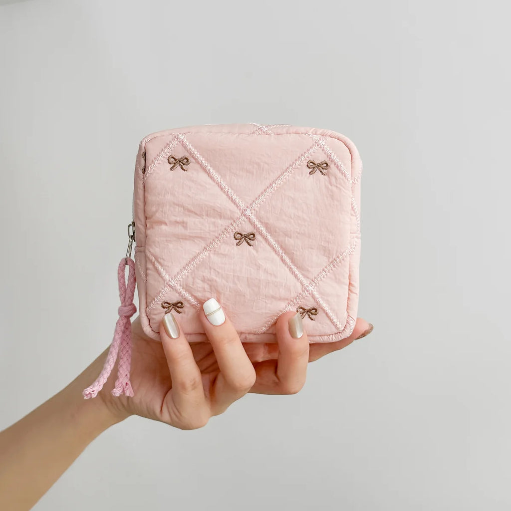 1pc Gift Bow Sanitary Napkin Organizer Bag Coquette Quilted Women's Mini Clutch Bag Cotton Keychain Earphone Coin Purse