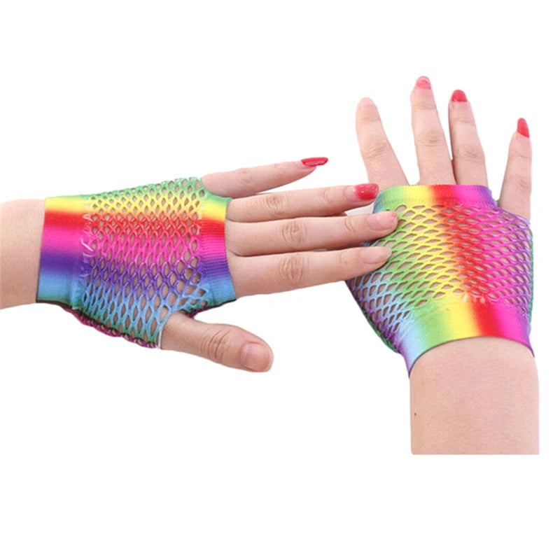 1Pair Rainbow Color Ladies Sexy Mesh Net Fishnet Gloves Women Hollow Out Holes Fingerless Gloves Mountaineering Gloves