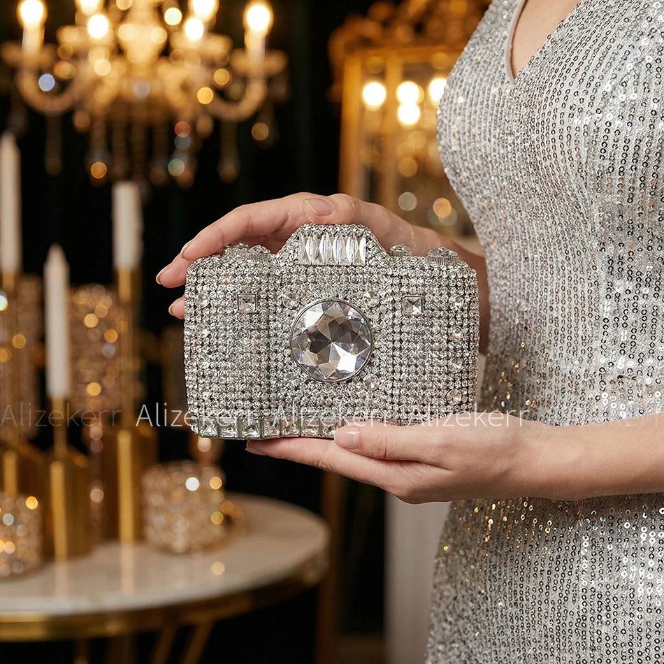 Camera Shaped Diamond Evening Clutch Bags 2024 New Boutique Novelty Metallic Rhinestone Purses And Handbags Bridal Wedding Party