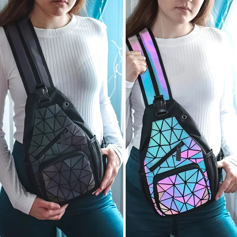 Geometric Luminous Backpack, Holographic Reflective Bag, Women's Large Capacity Crossbody Bag