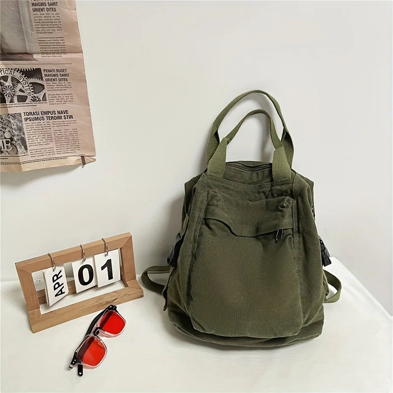 Solid Color Retro Backpack for Women, Japanese Style Simple Large Capacity Backpacks for Middle and High School Students