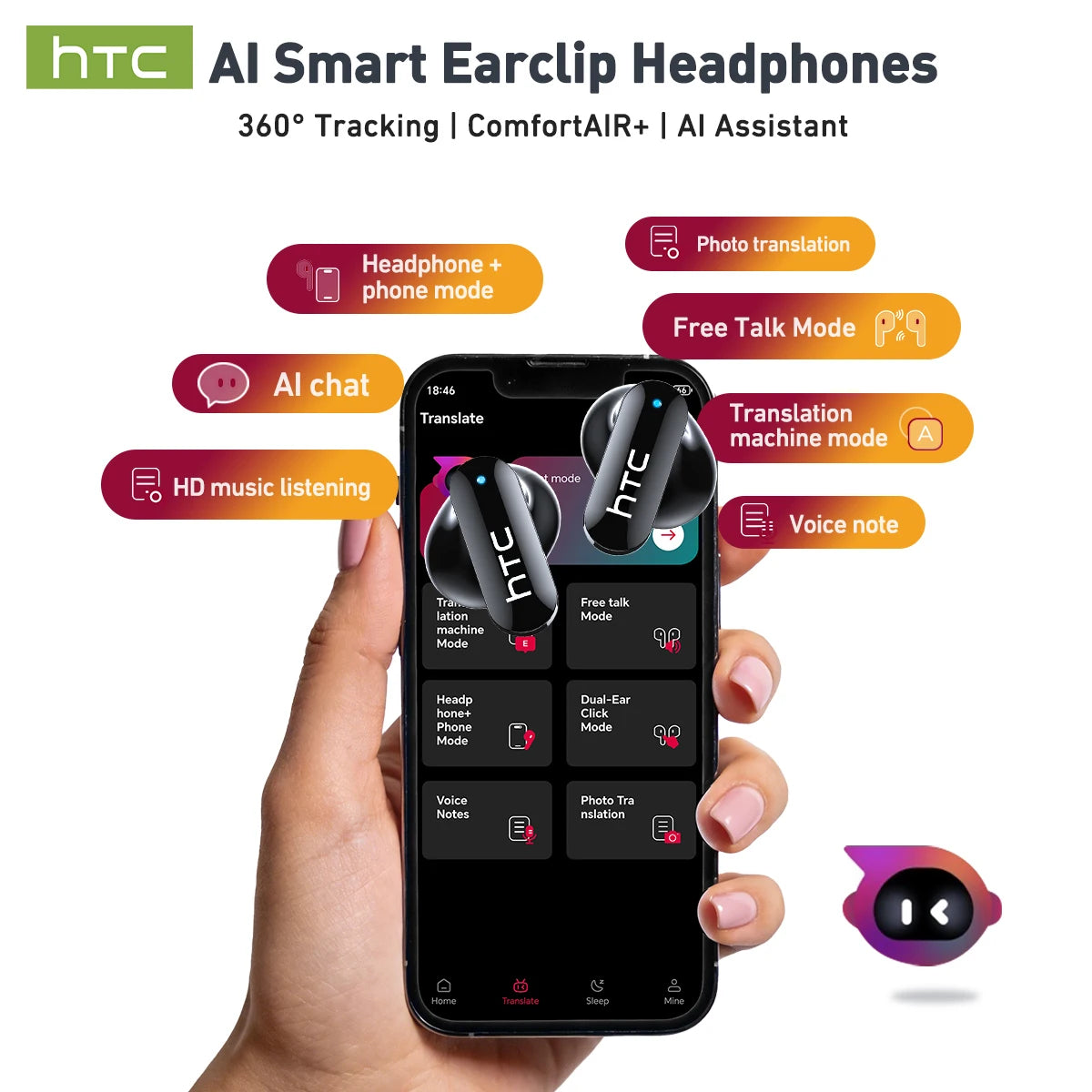 HTC NE71 Translation Earbuds Bluetooth Earbuds DIY Watch Face Smart LED Screen HiFi Sound Quality Noise Cancellation Technology