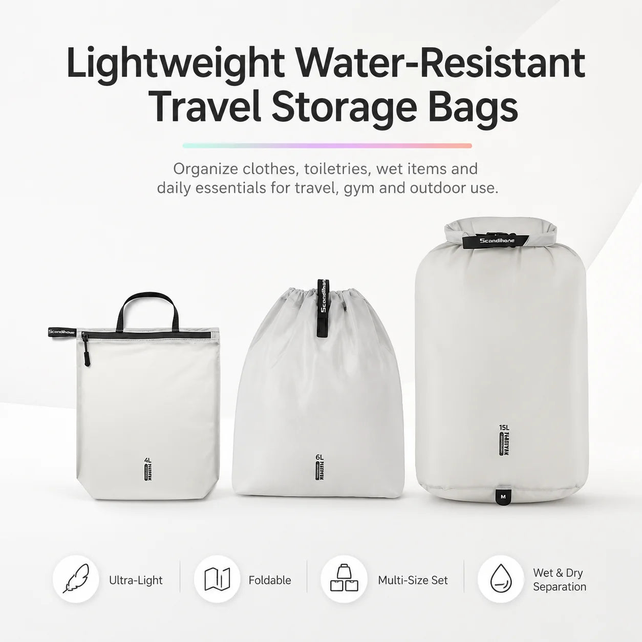 15D Nylon Waterproof Travel Bag IPX5 Ultra-light Dry Bag Drawstring Pouch Zipper Storage Case for Swimming Fitness Outdoor Sport