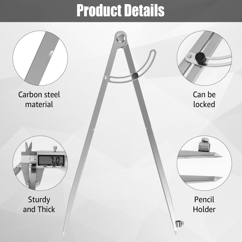 12/16 Inch Woodworking Compass Geometry Tool Metal Drafting Compass with Pencil Holder and Lockable Wing for Drawing Circles