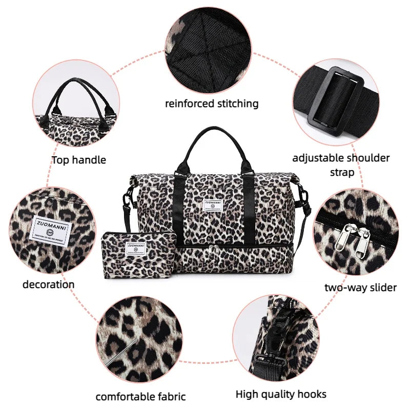 2pcs Set - Large Capacity Travel Duffel Bag with Shoe Compartment and Cosmetic Pouch Casual Nylon Gym Bag Weekend Overnight Bag