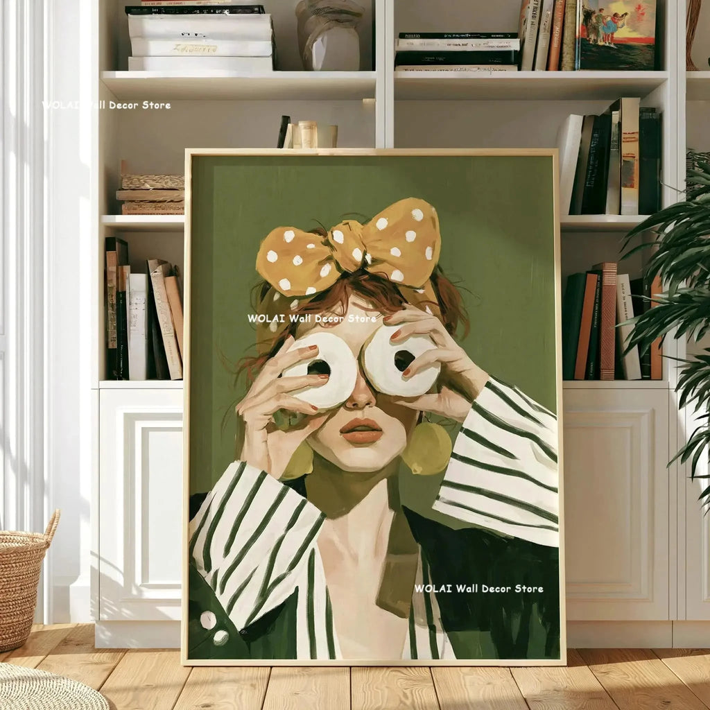 Green Abstract Figures Canvas Print with Flower Woman Minimalist Japandi Female Portrait Art Poster for Modern Living Room Decor