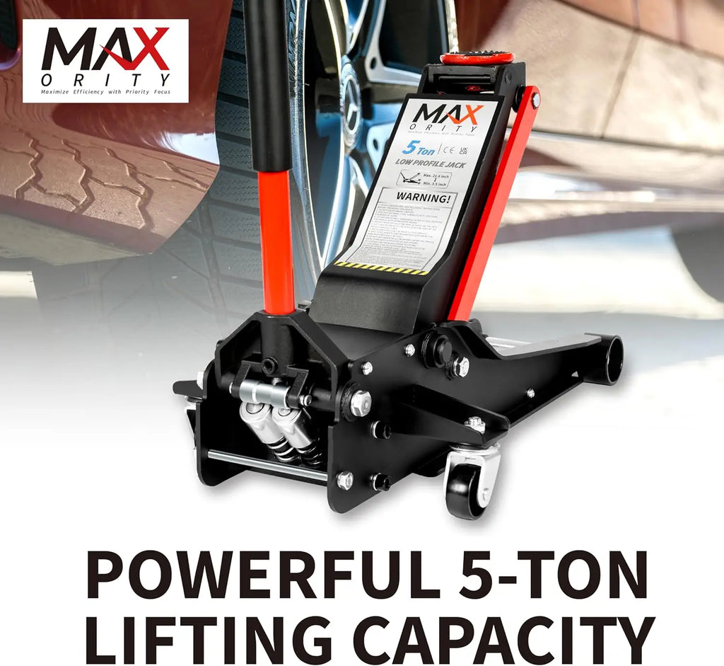 5-Ton (11000lbs)Low Profile Hydraulic Super Heavy-Duty Steel Floor Jack with Dual Pistons Quick Lift Pump Red, 5 Ton Low