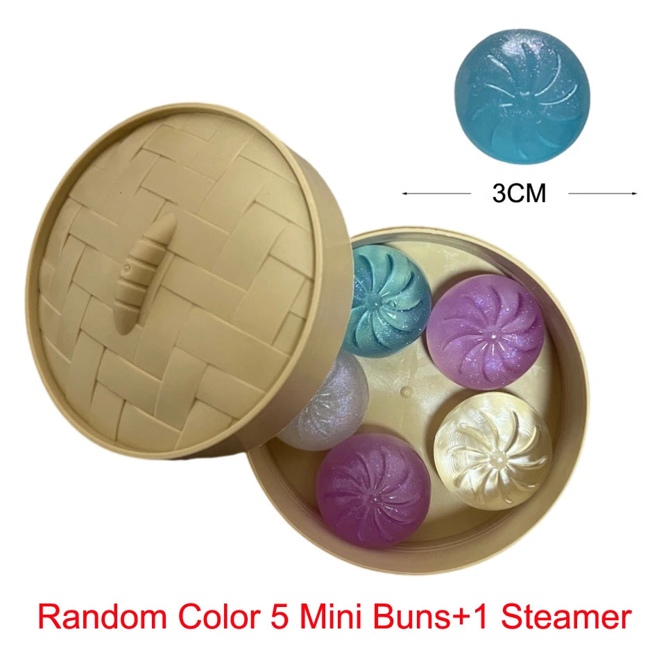 5Pcs Mini Dumplings With Steamer Bun Squeezable Toys Set Soft Stress Relief Crystal Squishy Fidget Sensory Toy Party Favors Gift