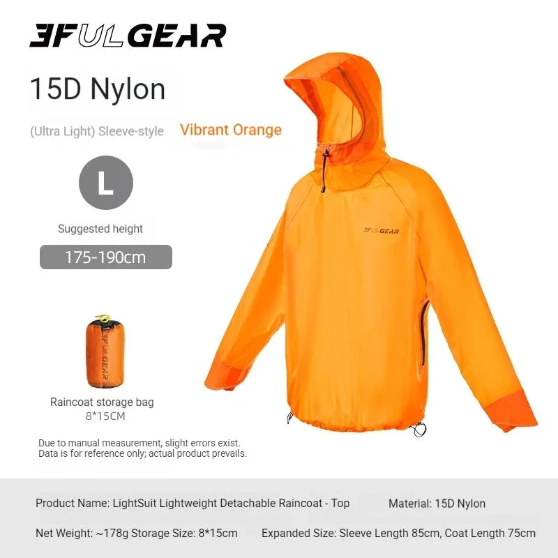 3F UL GEAR Split Hiking Raincoat Rain Pants Waterproof 15D Nylon Lightweight Outdoor Camping Rain Coat Gear Poncho Women Men