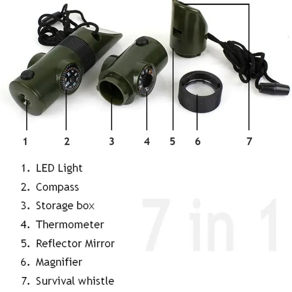 1Pcs 7 in 1 Multifunction Survival Whistle Compass Thermometer LED Light Outdoor Emergency Rescue Camping Hiking Safety Tool EDC