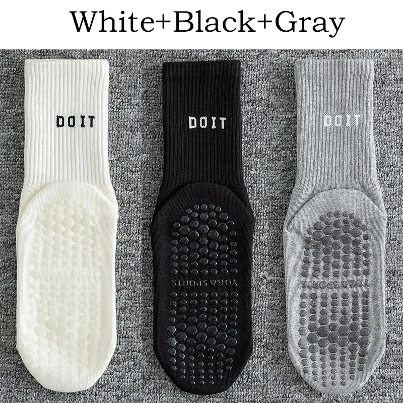 3Pairs Yoga Socks for Women Cotton Solid Mid Calf Pilates Socks Simple Sports Dance Fitness Training Cushion Socks